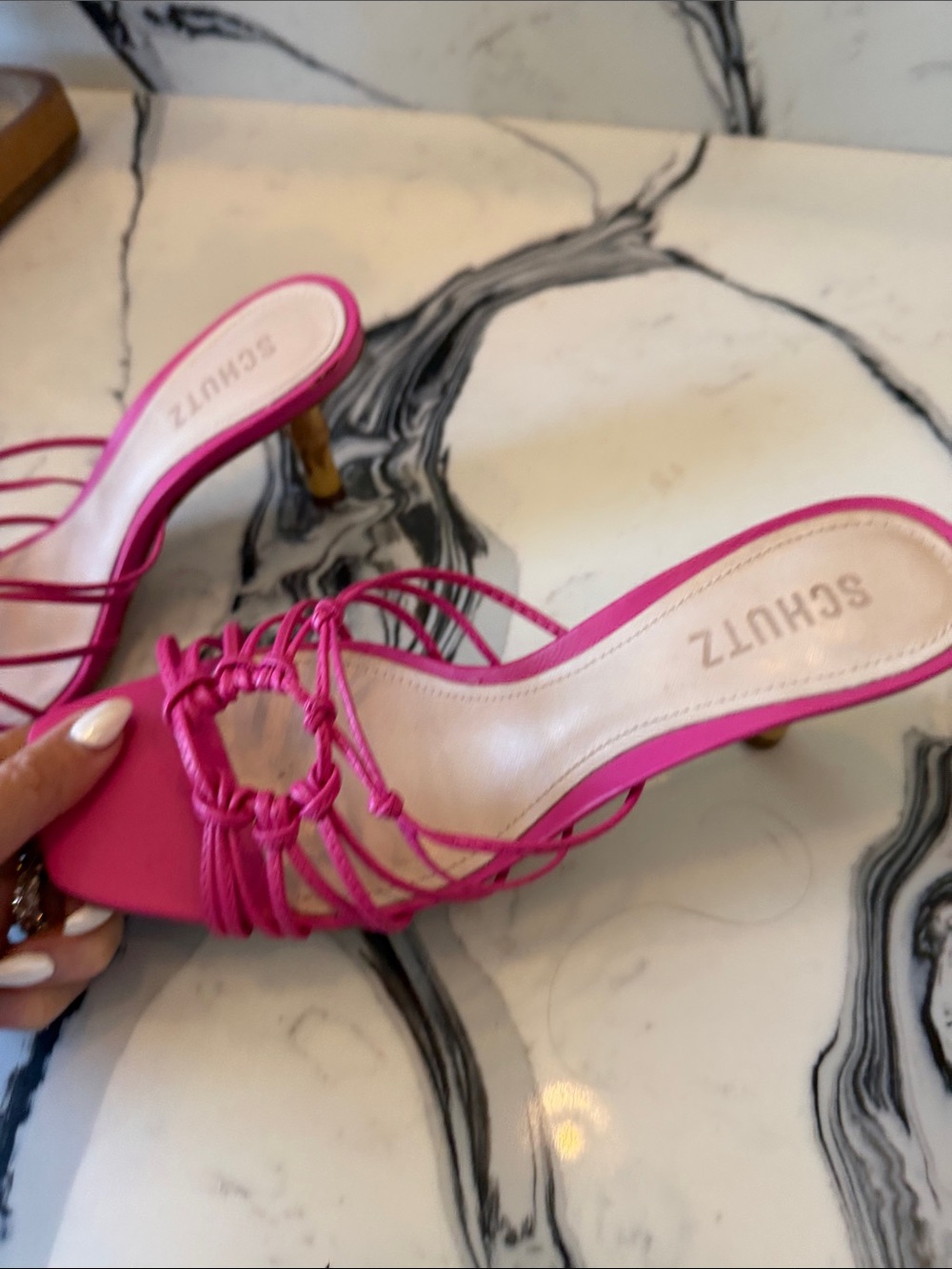 SCHUTZ Hot Pink Leather Knotted Strappy Heeled Sandals - Picture 3 of 4